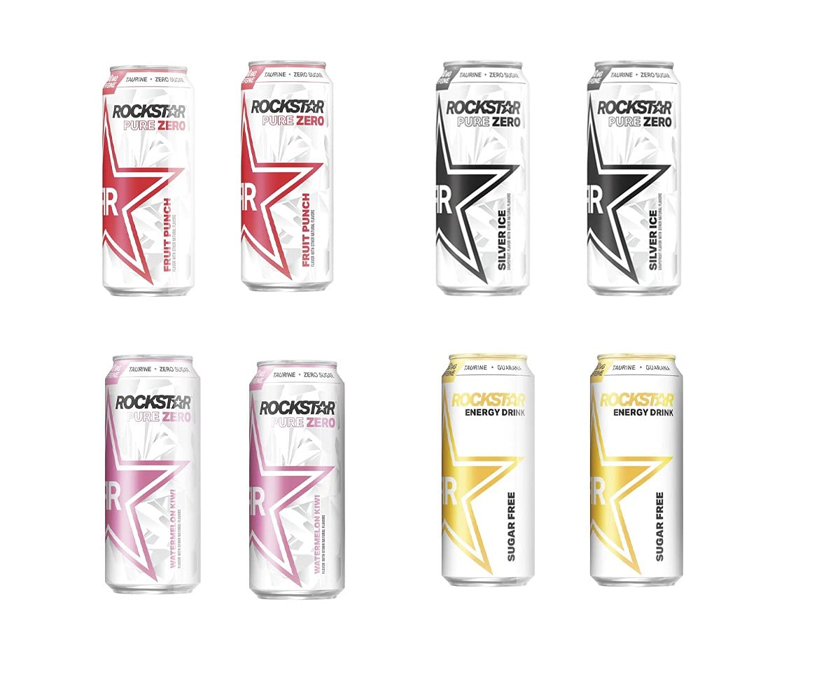 LUV BOX-VARIETY ROCKSTAR 16 OZ 4 PURE FLAVORS PACK OF 8 ( Zero Punch .Sugar Free. Zero Watermelon Kiwi.Zero Silver Ice )