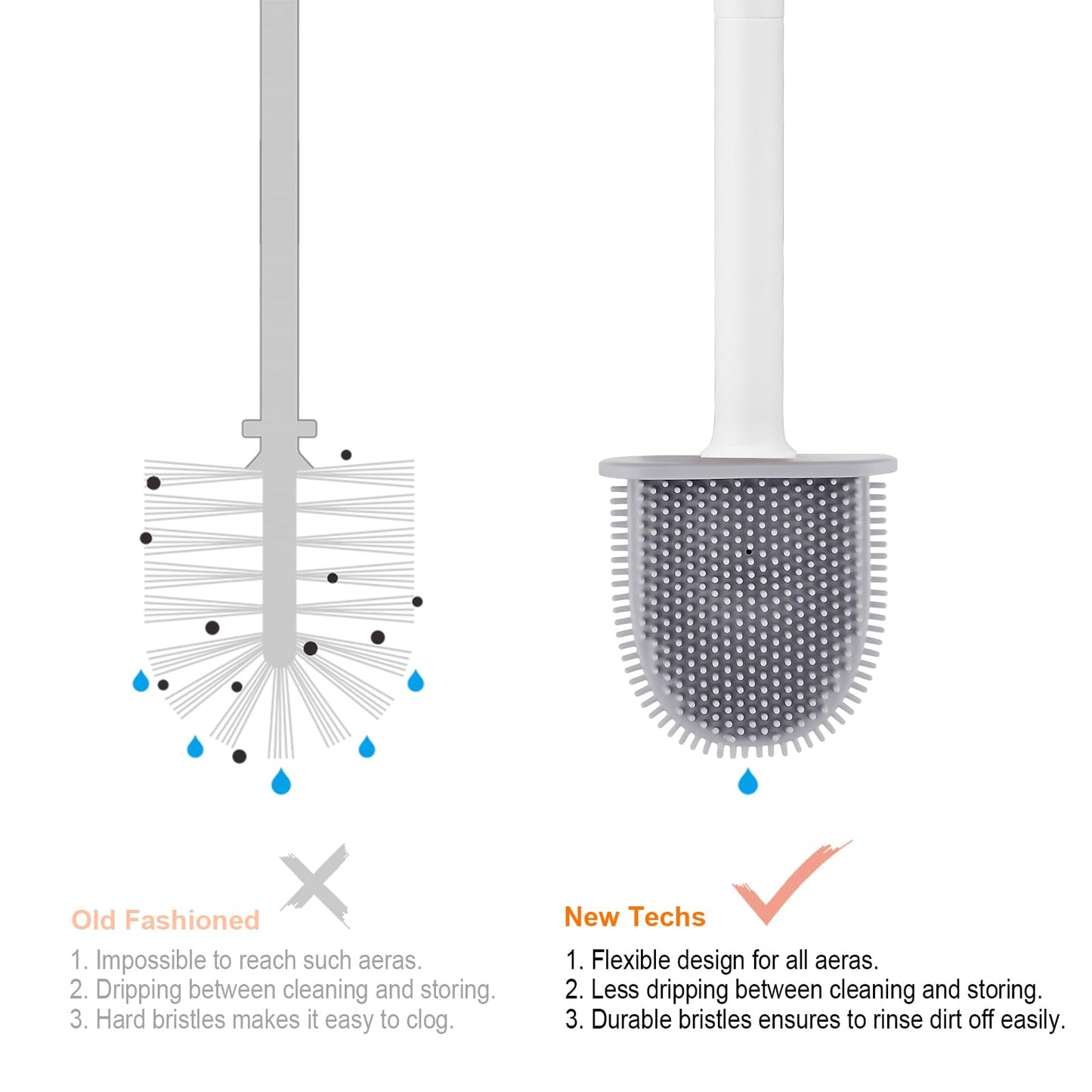 Ibergrif M34151-3 Toilet Brushes & Holders, Deep Cleaner Silicone Toilet Brush, Flat Toilet Brush with Long Handle, Quick Drying Loo Brush and Holder