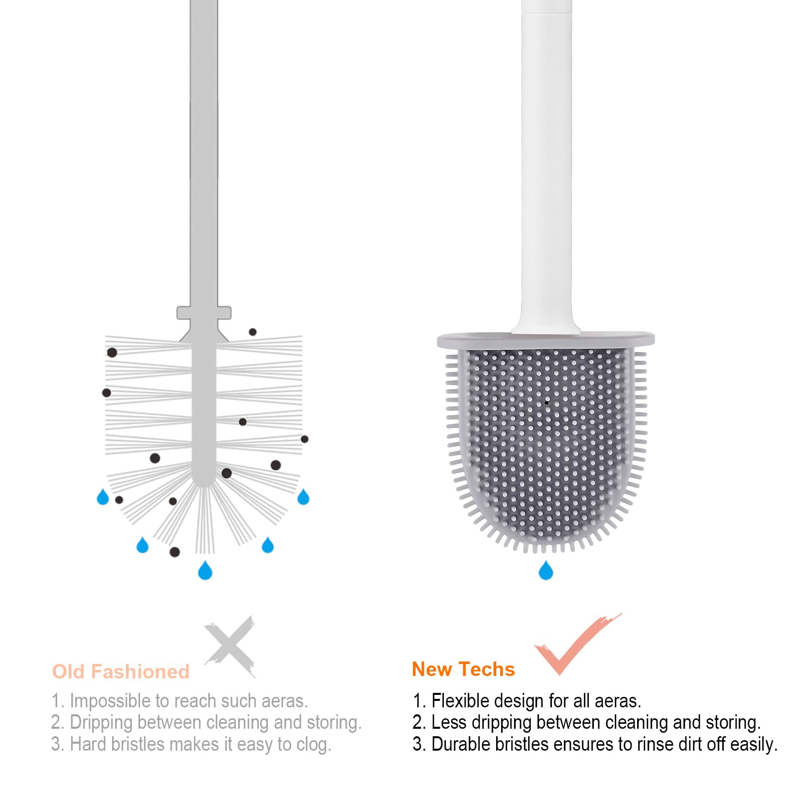 Ibergrif M34151-3 Toilet Brushes & Holders, Deep Cleaner Silicone Toilet Brush, Flat Toilet Brush with Long Handle, Quick Drying Loo Brush and Holder