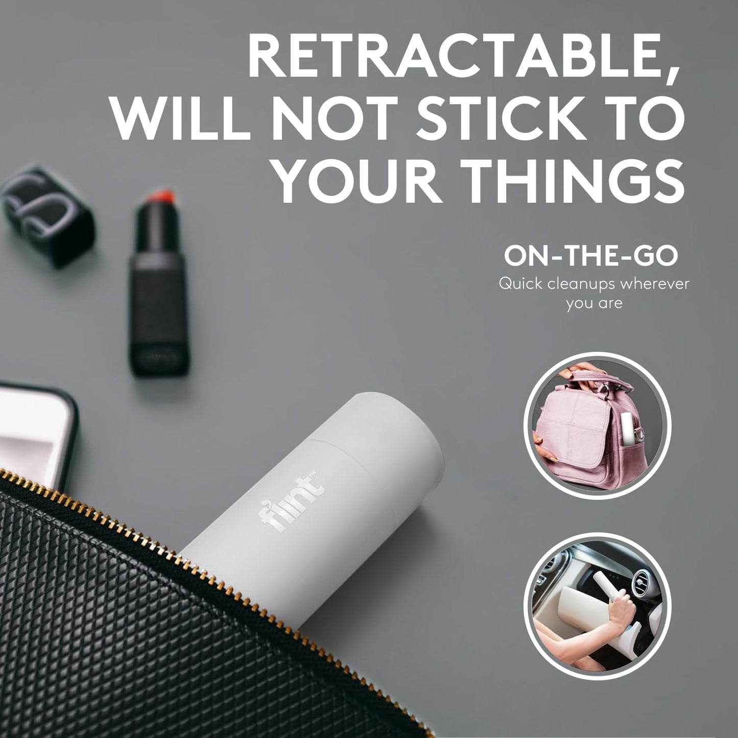 Flint Classic White Retractable Mini Lint Roller with 30 Extra Sticky Sheets, Small and Portable Lint Roller, Ideal Pet Hair Remover, Travel Lint