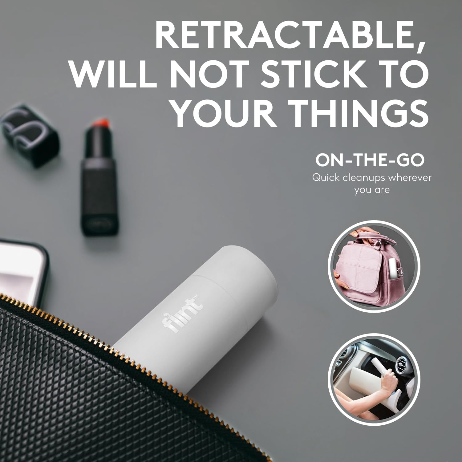 Flint Classic White Retractable Mini Lint Roller with 30 Extra Sticky Sheets, Small and Portable Lint Roller, Ideal Pet Hair Remover, Travel Lint