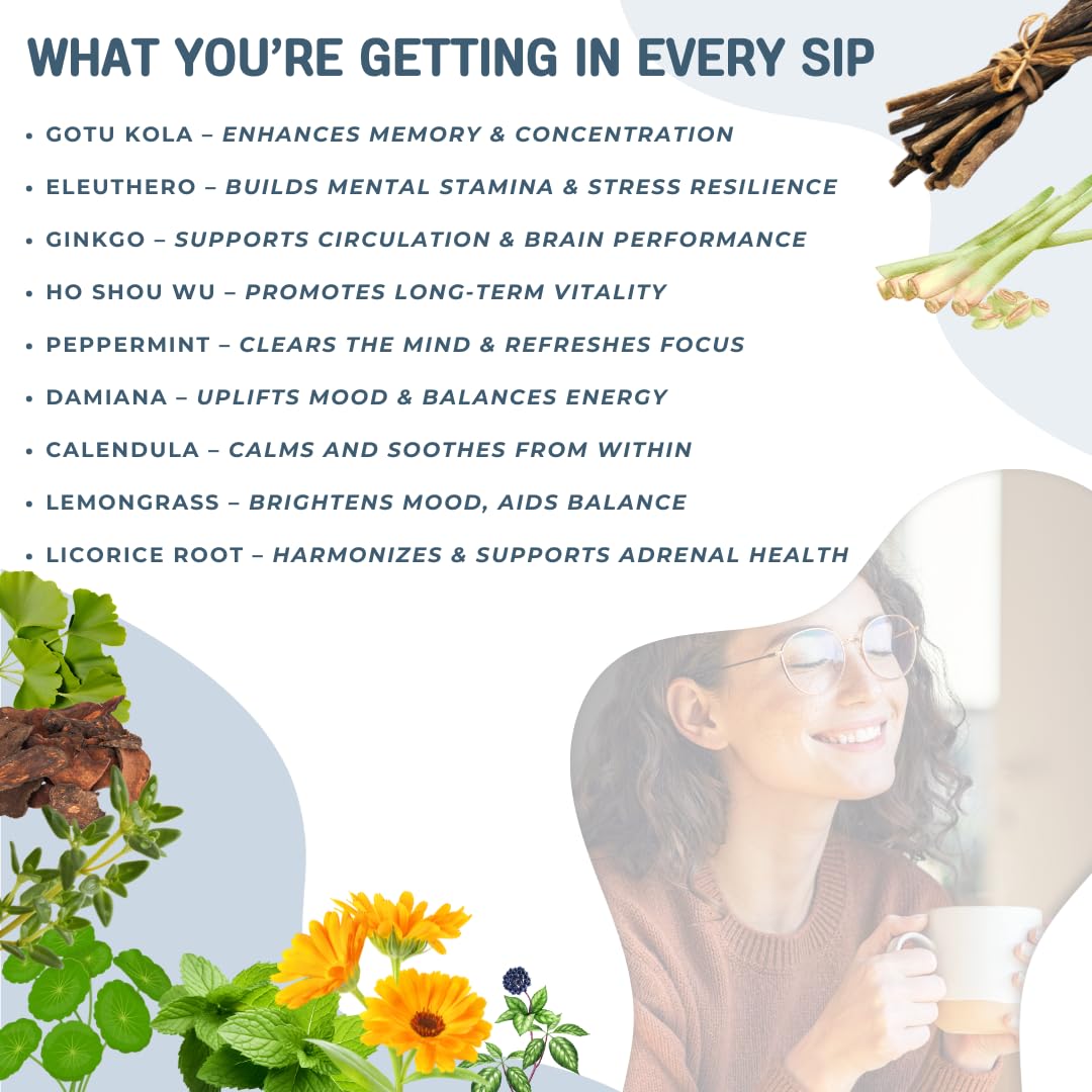 Memory & Focus Tea Blend: Gotu Kola, Eleuthero Root, Ginkgo, Ho Shou Wu, Peppermint, Damiana, Calendula, Lemongrass, Licorice Loose Leaf 3oz