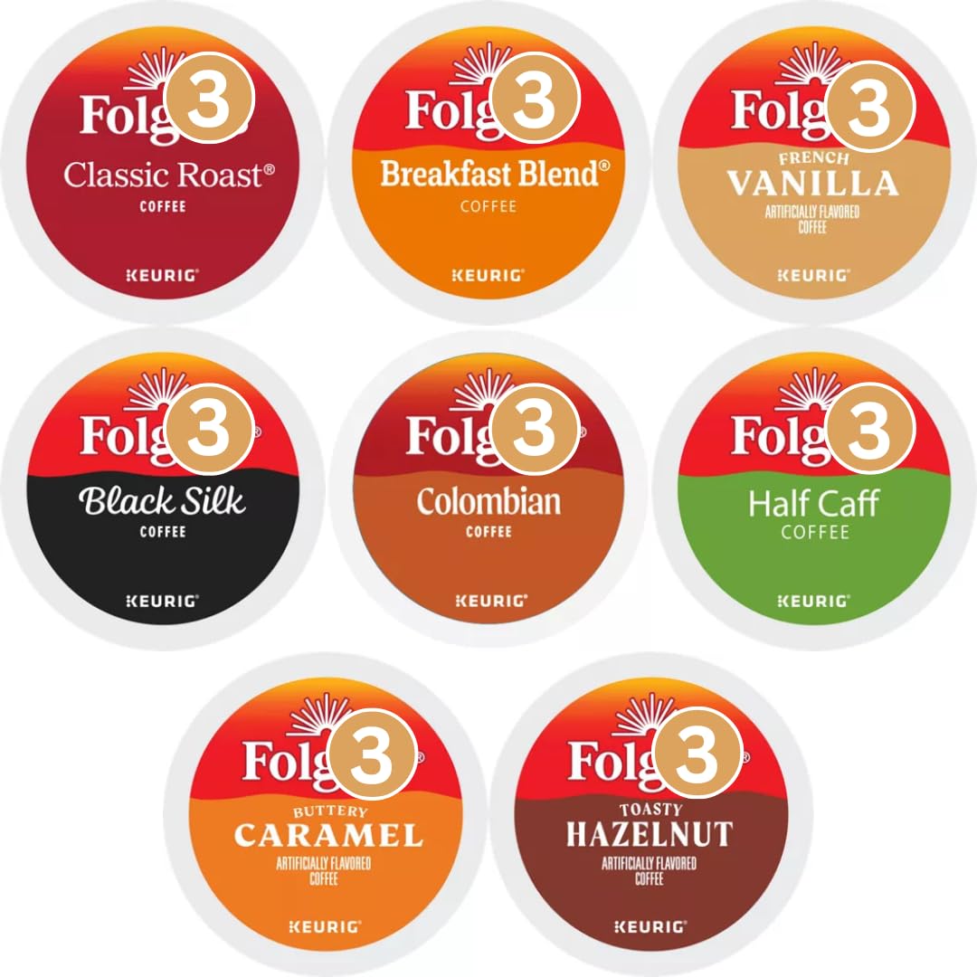 K-cups Coffee Pods Variety Sampler Includes Classic Roast, Black Silk, Breakfast Blend, Colombian, Hazelnut, Caramel and French Vanilla for Keurig