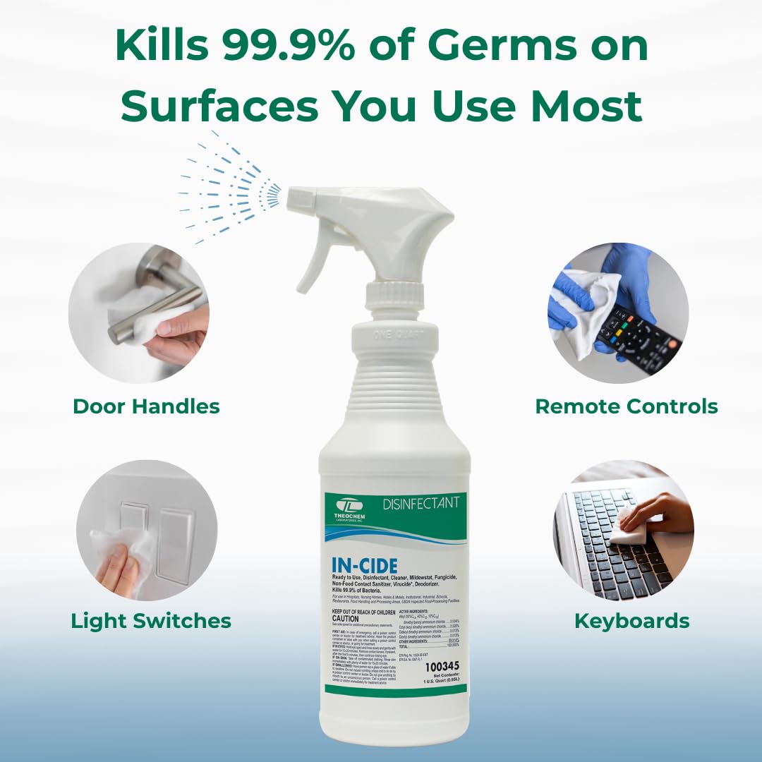 Theochem In-Cide Hospital Grade Disinfectant Spray - EPA Registered Cleaner Kills 99.9% MRSA, H1N1 - Home Office Clinic - Fresh Scent - 1 Gallon +