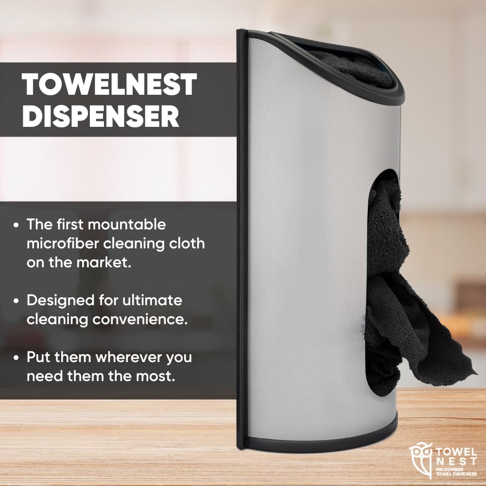 TowelNest Microfiber Cloth Dispenser | 15 Reusable Cloths (Black) | Eco-Friendly Paper Towel Alternative | Absorbent & Washable | Wall/Cabinet Mount