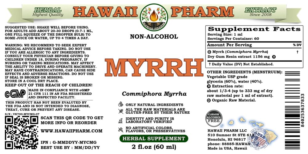 Hawaii Pharm Myrrh Alcohol-Free Liquid Extract, Professional Grade, Small Batch Crafted Myrrh (Commiphora myrrha) Gum Resin Glycerite Natural Herbal