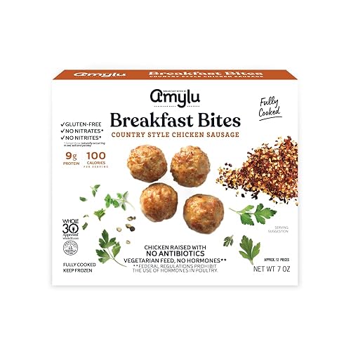 Amylu Foods Chicken Sausage Breakfast Bites, Country Style, Natural Ingredients, 14g of Protein, GAP Certifed Chicken Raised with No Antibiotics