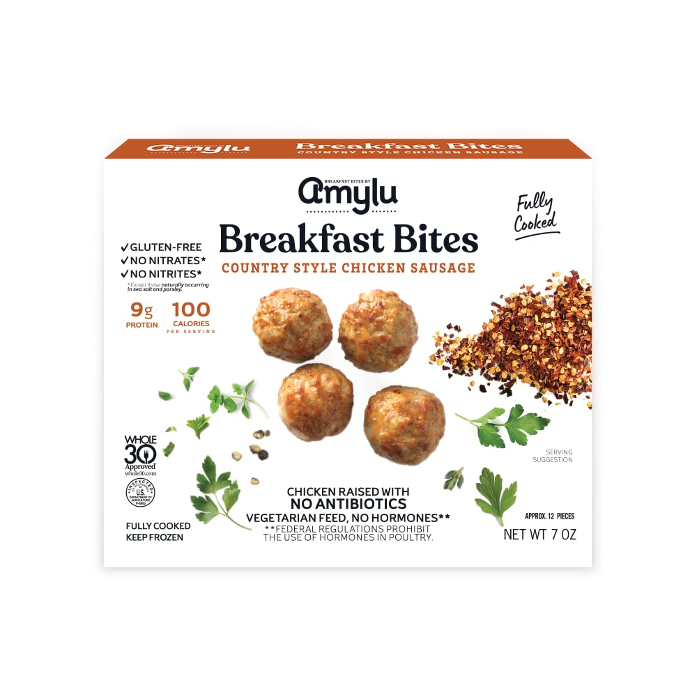Amylu Foods Chicken Sausage Breakfast Bites, Country Style, Natural Ingredients, 14g of Protein, GAP Certifed Chicken Raised with No Antibiotics
