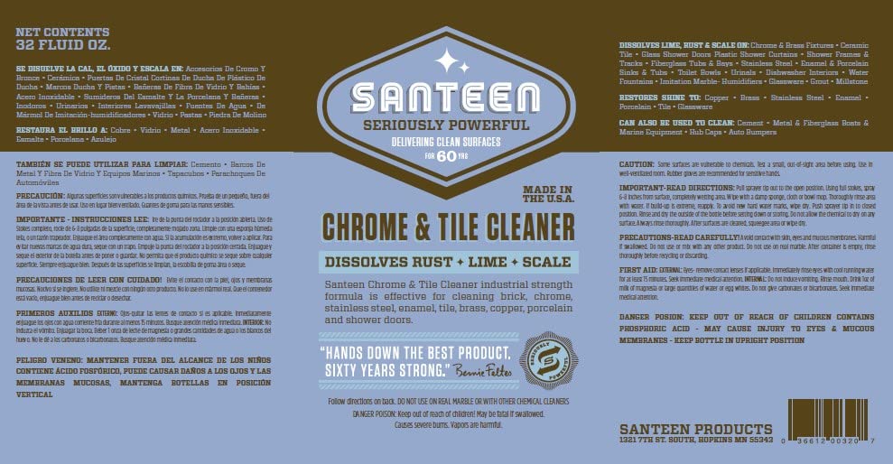 Santeen Chrome & Tile Cleaner - 6?Pack 22oz Trigger Spray Bottles - Dissolves Lime, Rust & Hard Water Corrosion on Stainless Steel, Porcelain, Glass