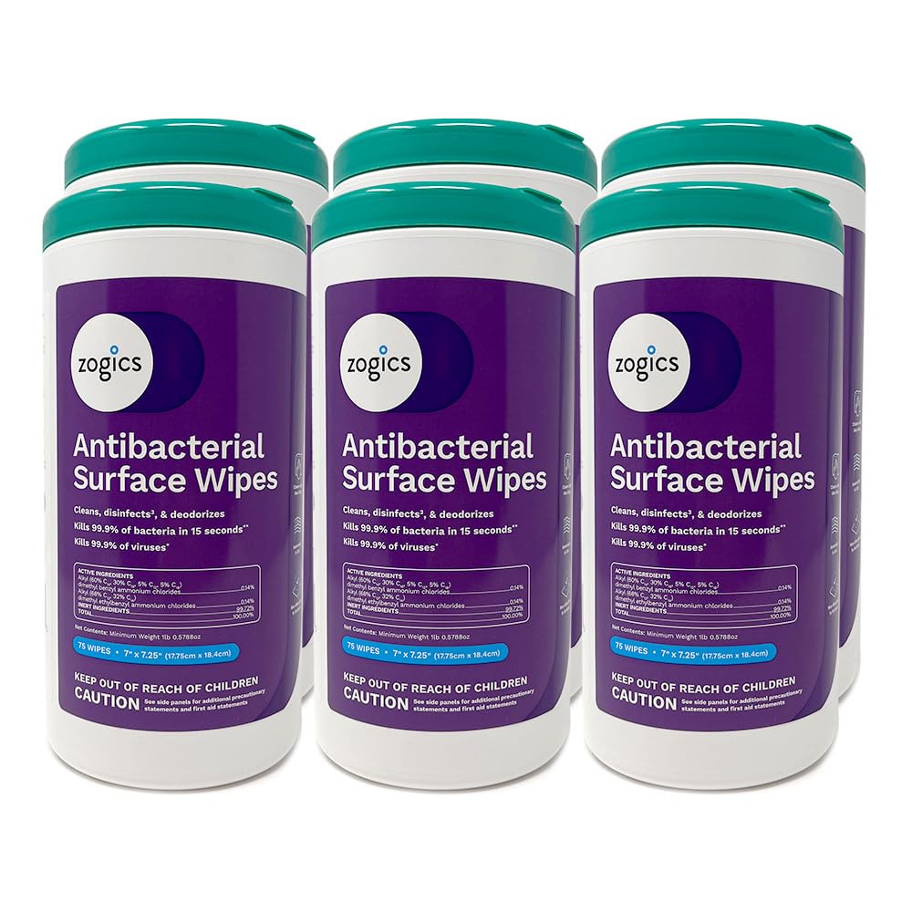 Zogics Antibacterial Disinfecting Wipes, 75-Count Canister (Case of 6 Canisters), Alcohol-Free Multi-Surface Wipes