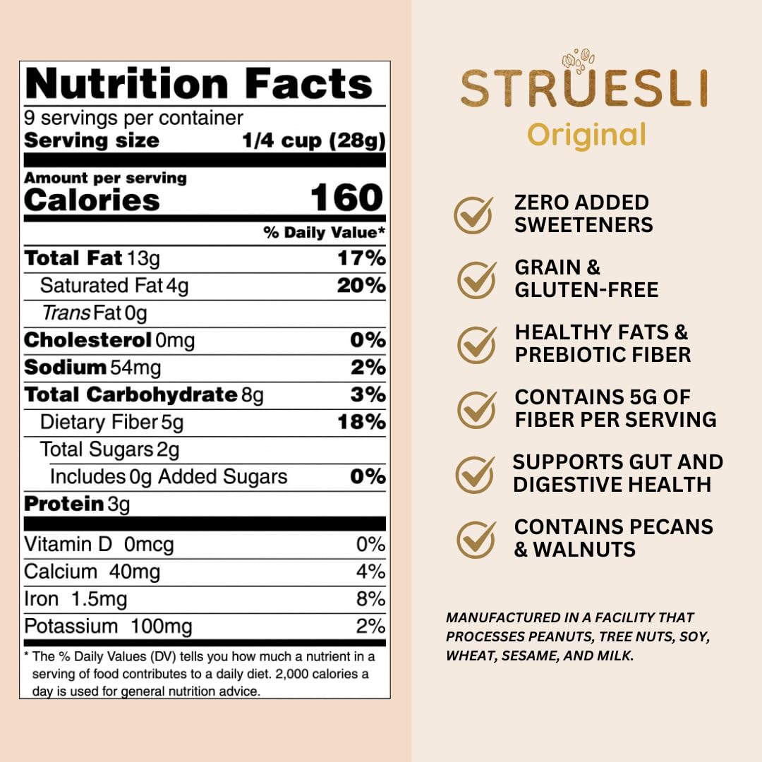 Struesli Original Organic Granola, Grain & Gluten Free, Healthy Snacks with Chia Seeds, Nuts and Sea Salt, Prebiotic High Fiber Food for Yogurt