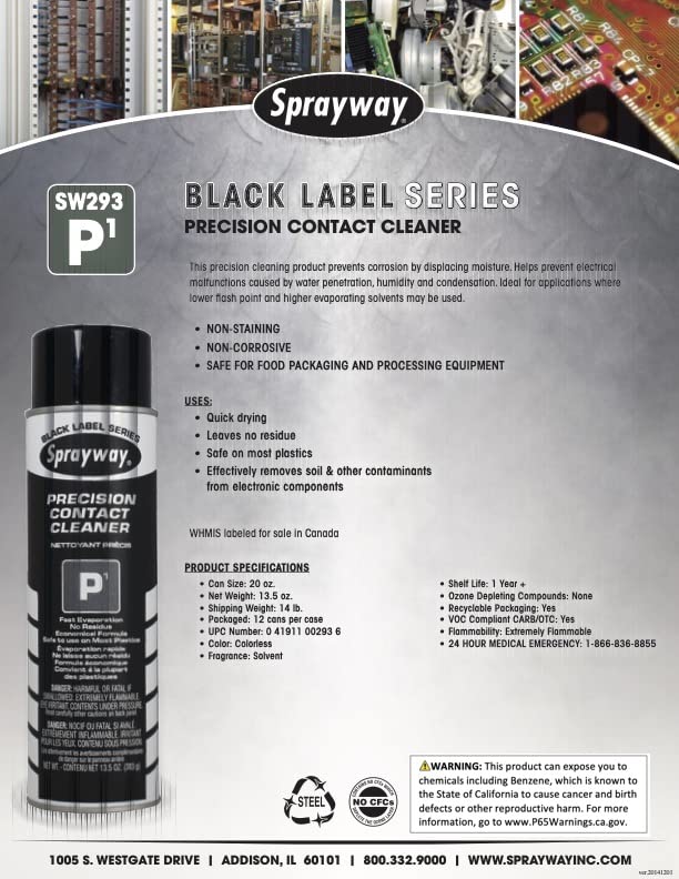 Sprayway SW293 P1 Precision Contact Cleaner, 13.5oz