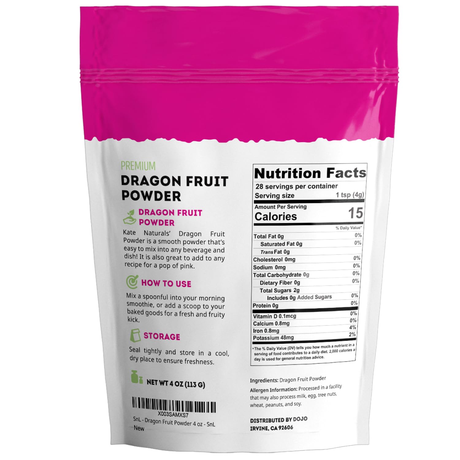 Kate Naturals Dragon Fruit Powder for Baking & Drinks (4oz). Vegan, Gluten Free Dried Pink Pitaya Powder for Dragonfruit Syrup, Smoothies & Food