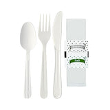 Green Direct Heavy Duty Wrapped Plastic Cutlery Set with Napkin, Fork, Spoon, Knife, Salt, Pepper, White 50 Pack Plastic Cutlery Meal Kit