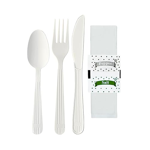 Green Direct Heavy Duty Wrapped Plastic Cutlery Set with Napkin, Fork, Spoon, Knife, Salt, Pepper, White 50 Pack Plastic Cutlery Meal Kit