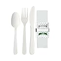 Green Direct Heavy Duty Wrapped Plastic Cutlery Set with Napkin, Fork, Spoon, Knife, Salt, Pepper, White 50 Pack Plastic Cutlery Meal Kit