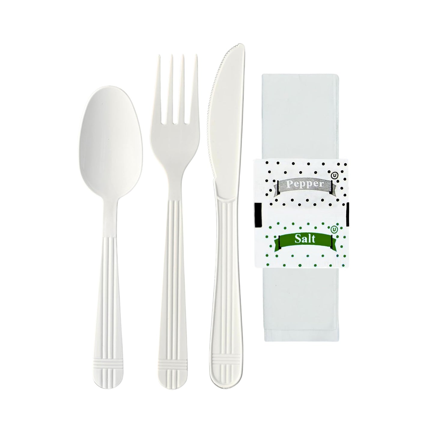 Green Direct Heavy Duty Wrapped Plastic Cutlery Set with Napkin, Fork, Spoon, Knife, Salt, Pepper, White 50 Pack Plastic Cutlery Meal Kit