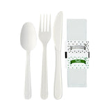 Green Direct Heavy Duty Wrapped Plastic Cutlery Set with Napkin, Fork, Spoon, Knife, Salt, Pepper, White 50 Pack Plastic Cutlery Meal Kit