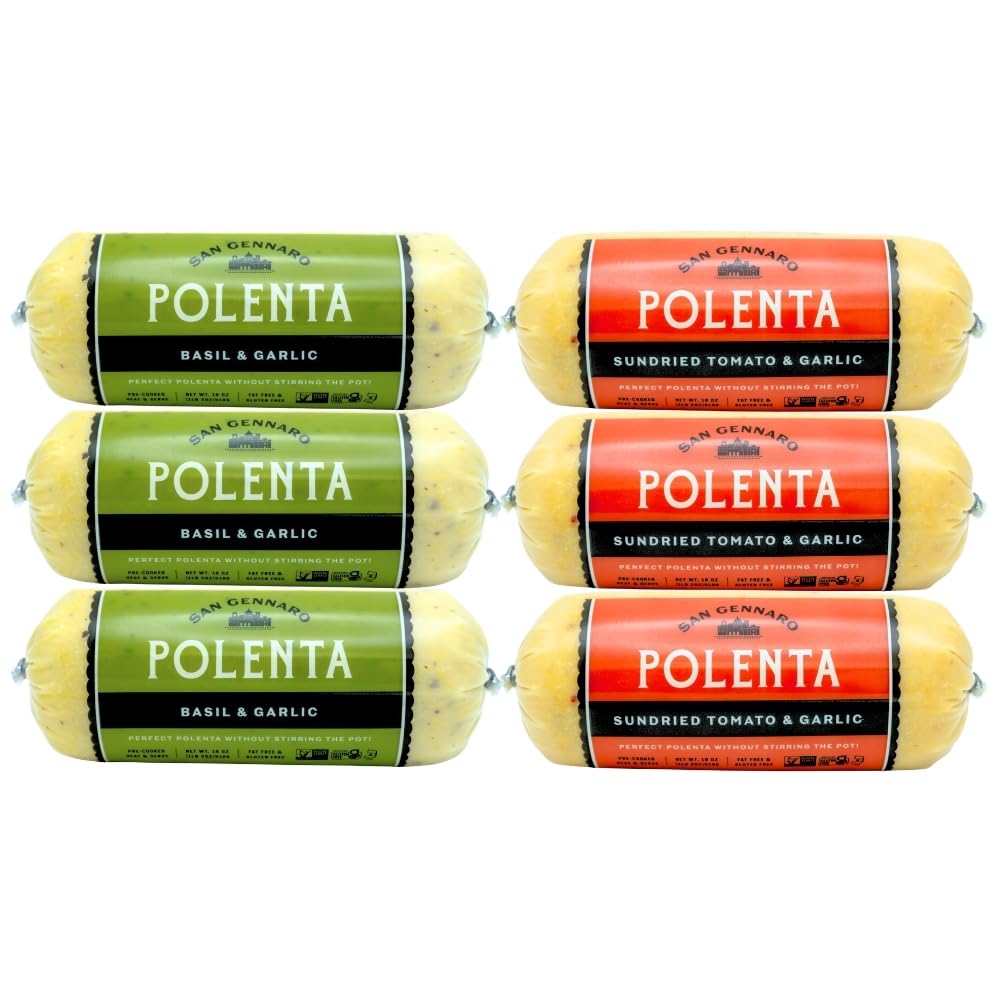 San Gennaro Italian Polenta Variety Pack, 6 Tubes (3 Sun-Dried Tomato & Garlic, 3 Basil and Garlic) | Crafted from Seasoned Yellow Corn | Gluten Free