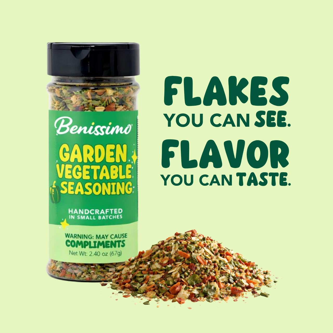 Benissimo Garden Vegetable Seasoning, Vegetable & Herb Blend for Roasted Vegetables, Dips, Pasta, Soups, Potatoes & Marinades with Pet Shaker | 8.5