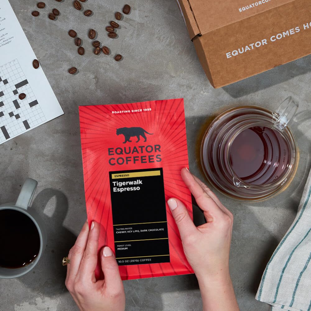 Equator Coffees, Tigerwalk Espresso, Fine Ground Coffee, Medium Roast, Fresh Roasted, Cherry, Chocolate, Strawberry and Lemon Flavor Notes