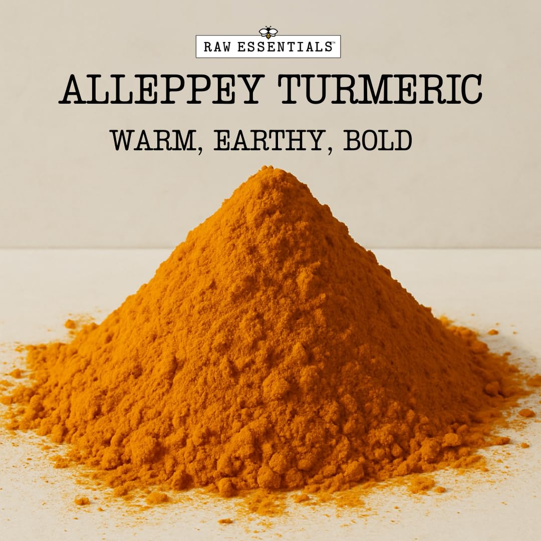 Raw Essentials Turmeric Alleppey - Curcumin 5% - Warm & Earthy Flavor - Perfect for Smoothies, Golden Milk, Curries, Rice & Roasted Vegetables