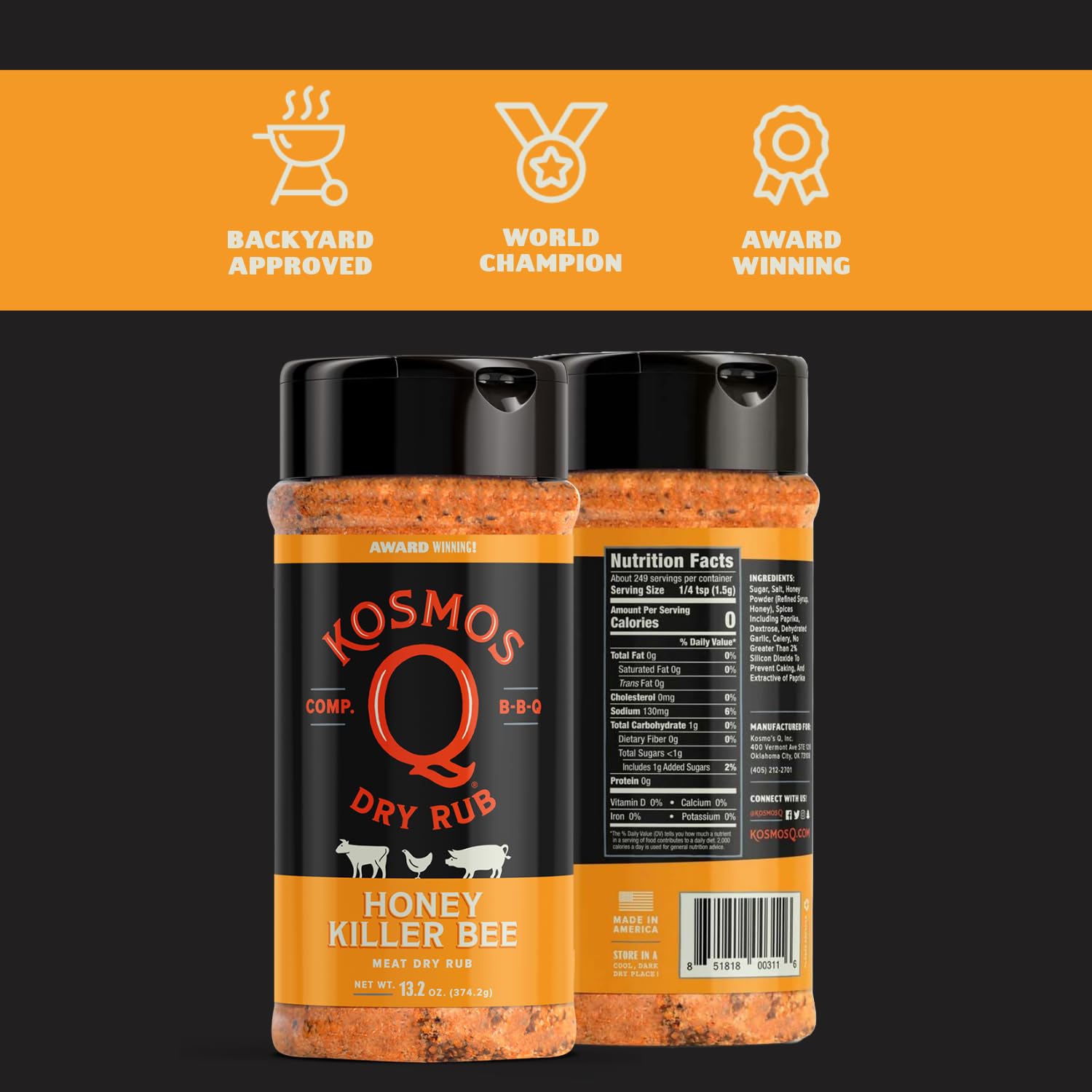 Kosmos Q Honey Killer Bee BBQ Rub Seasoning - Two 13.2 oz Shakers of Savory & Sweet Honey BBQ Pork Dry Rub for Smoking and Grilling Poultry, Ribs