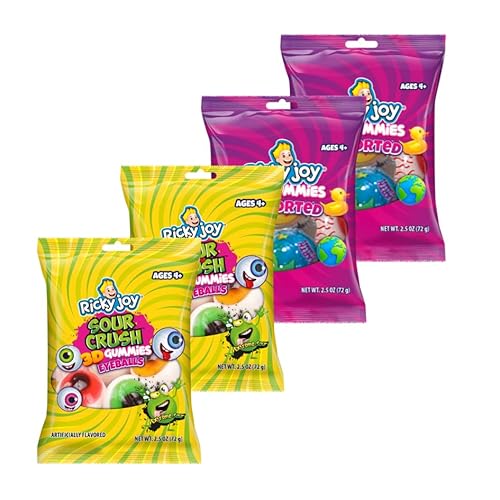 Ricky Joy® 3D™ Gummies - Pack of 12 Bags - 3D Assorted - Eyeballs - Ducks - Planet - 2.5 OZ each - Liquid Center Snack (Assorted bundle)