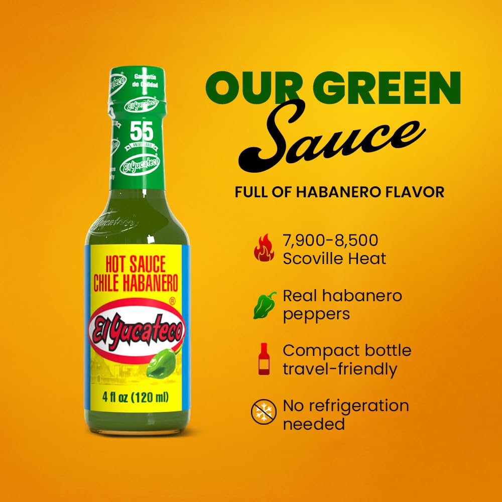 El Yucateco Green Habanero Hot Sauce, Authentic Mexican Chile Habanero Sauce, 4 fl oz (120 ml), Gluten Free (Pack of 3)