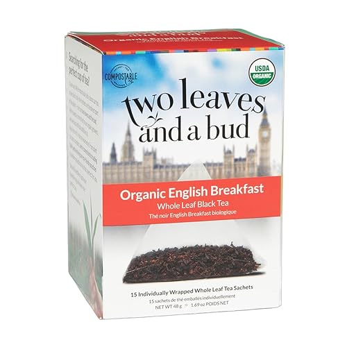 Two Leaves and a Bud Organic English Breakfast Tea Bags, Caffeinated Whole Leaf Black Tea in Pyramid Sachets, 15 Count (Pack of 1)