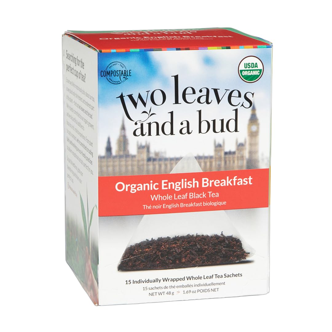 Two Leaves and a Bud Organic English Breakfast Tea Bags, Caffeinated Whole Leaf Black Tea in Pyramid Sachets, 15 Count (Pack of 1)