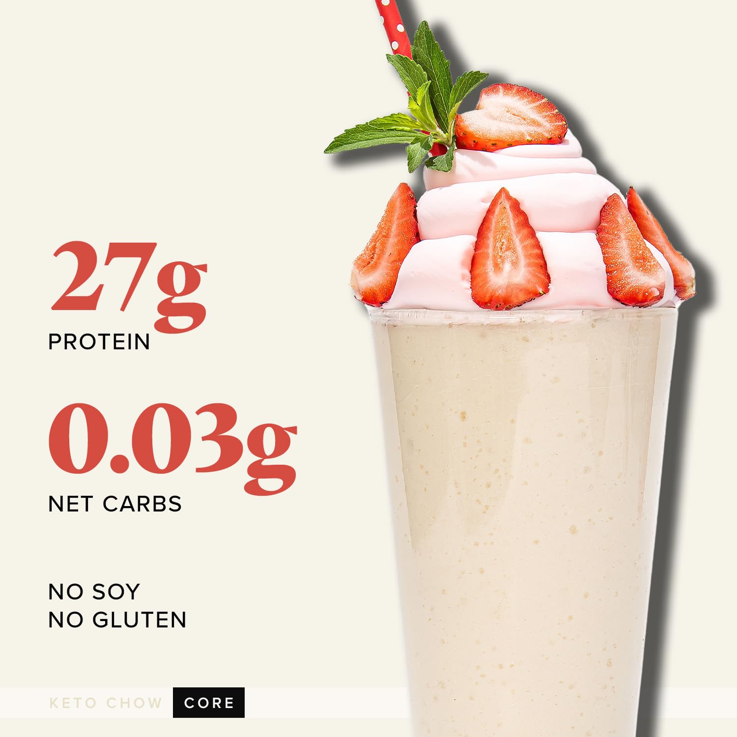 Keto Chow Strawberry Cream CORE with Stevia Meal Replacement Shake Powder, Nutritionally Complete Low Carb Meal, High Protein Breakfast or Lunch