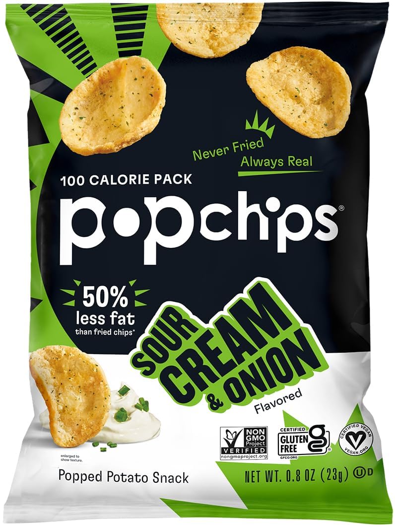 Popchips Potato Chips, Sour Cream & Onion, 24 ct Single Serve 0.8oz Bags, Low-Calorie and Gluten Free, Salty Snacks for Adults and Children, Kosher