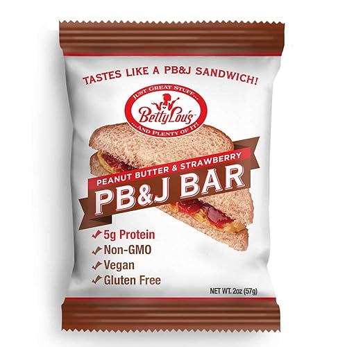 Betty Lou's PB&J Bars, Peanut Butter & Strawberry Snack, Gluten Free, Vegan, Non GMO, Deliciously Healthy Snacks, Individually Wrapped, 2 Oz Each (12