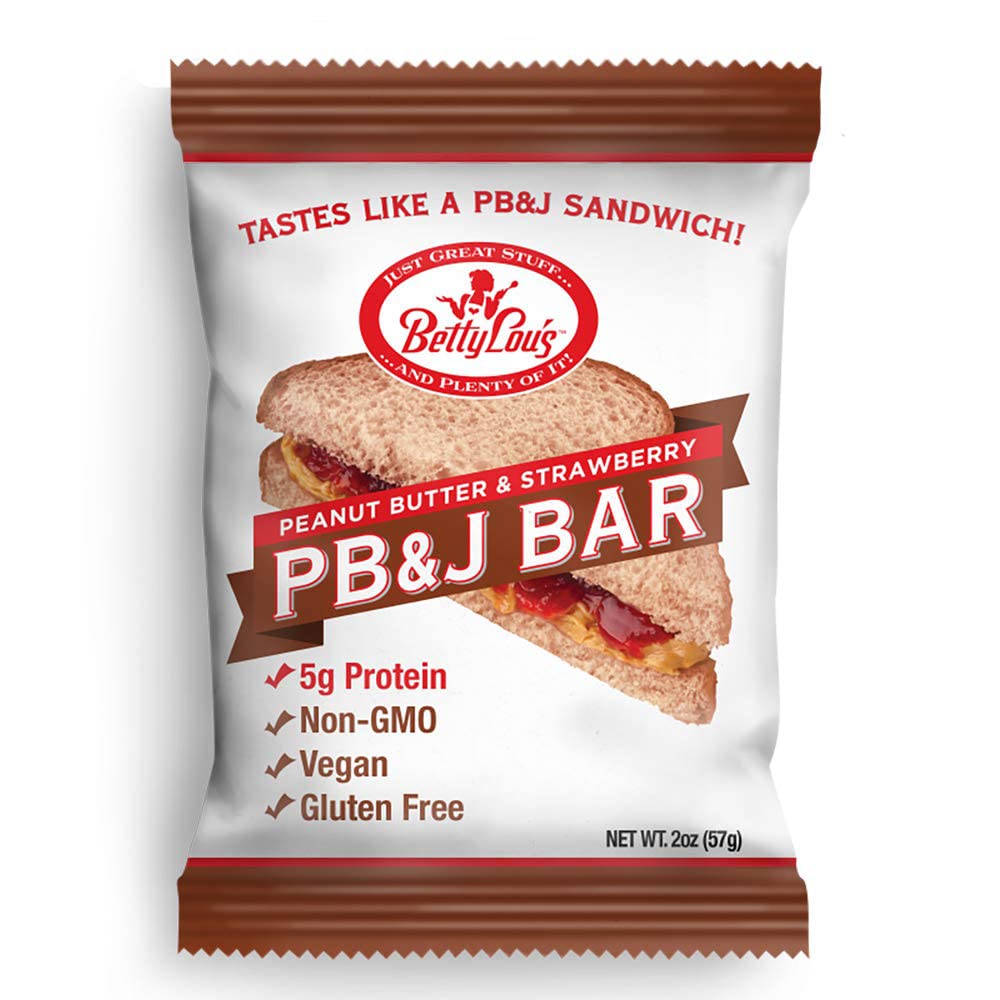 Betty Lou's PB&J Bars, Peanut Butter & Strawberry Snack, Gluten Free, Vegan, Non GMO, Deliciously Healthy Snacks, Individually Wrapped, 2 Oz Each (12