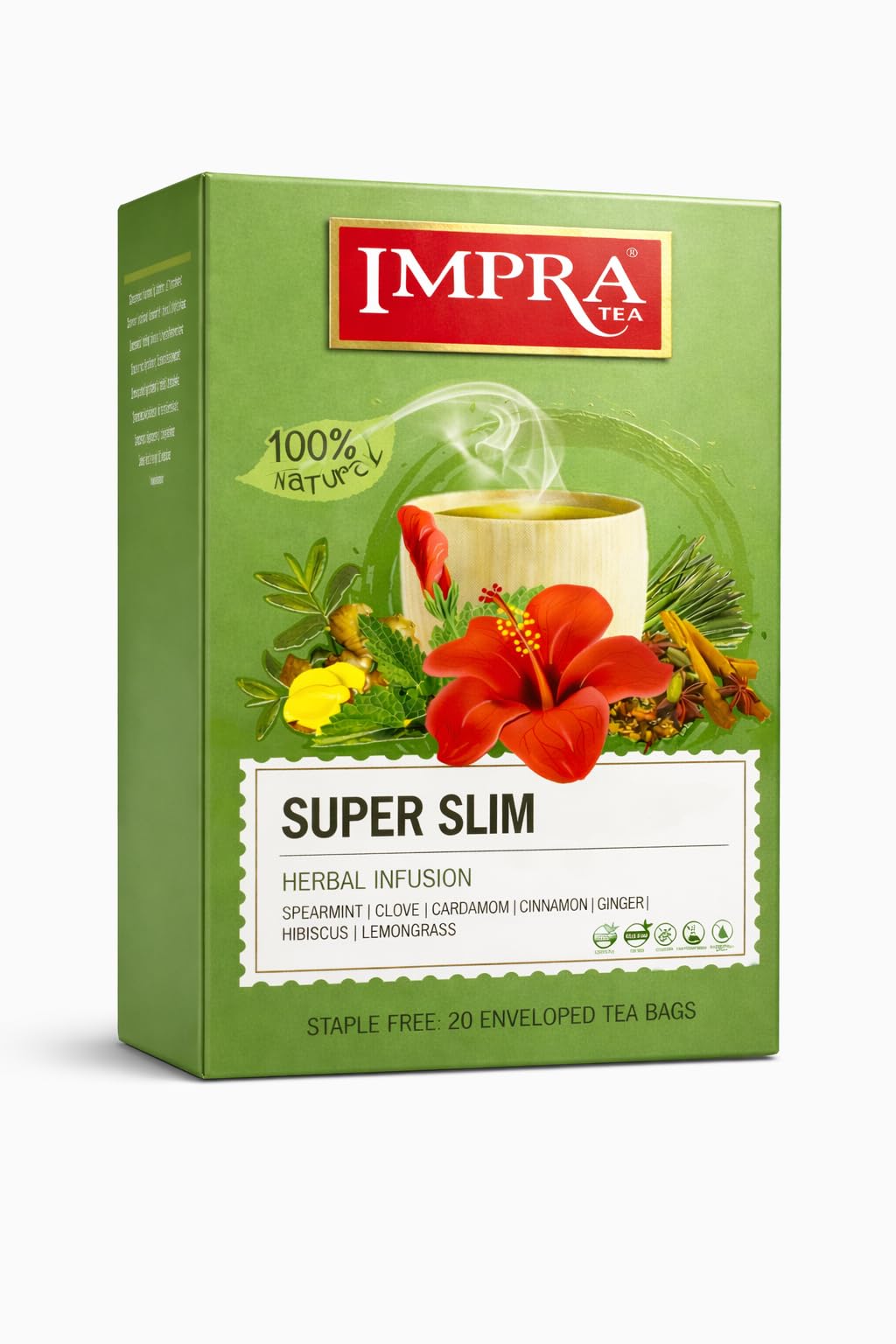 Impra Super Slim Herbal Infusion - 20 Enveloped Tea Bags - Hibiscus & Spices with Ginger, Cinnamon & Lemongrass - 0.91oz (26g)