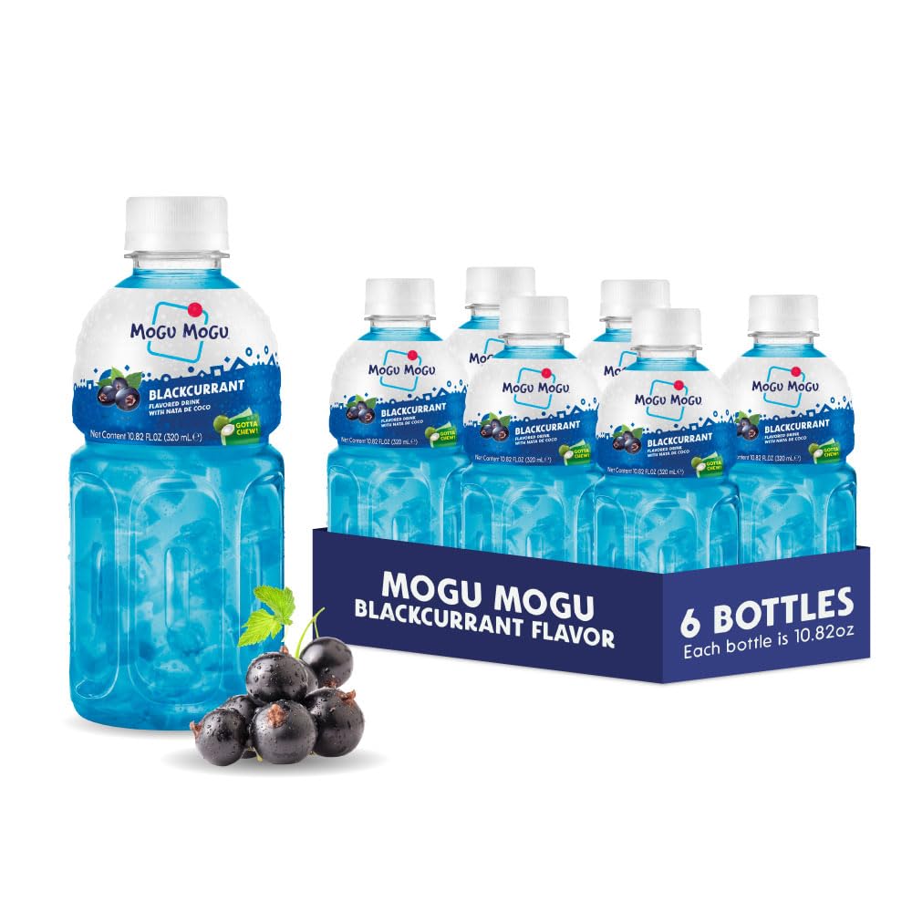 Mogu Mogu Blackcurrant Juice Drink with Nata de Coco - Bold Fruit Flavor with Chewy Coconut Jelly, 10.8oz Bottles (Pack of 6) - Fun-to-Drink, Juicy