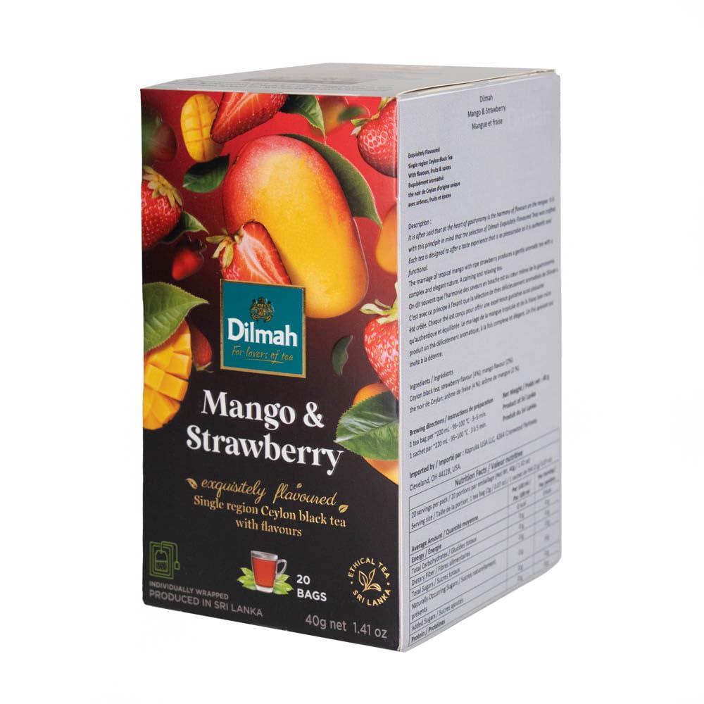 Dilmah Mango and Strawberry Flavored Ceylon Black Tea - 20 Tea Bags - Sri Lanka Ceylon Dilmah Mango Strawberry Tea Real Tea