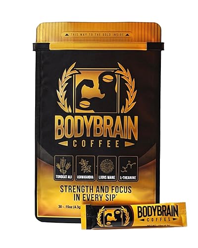 BodyBrain Mushroom Coffee with Lion's Mane, Ashwagandha, Tongkat Ali & L-Theanine | Freeze-Dried Colombian Nootropic Coffee for Focus and Energy, 30