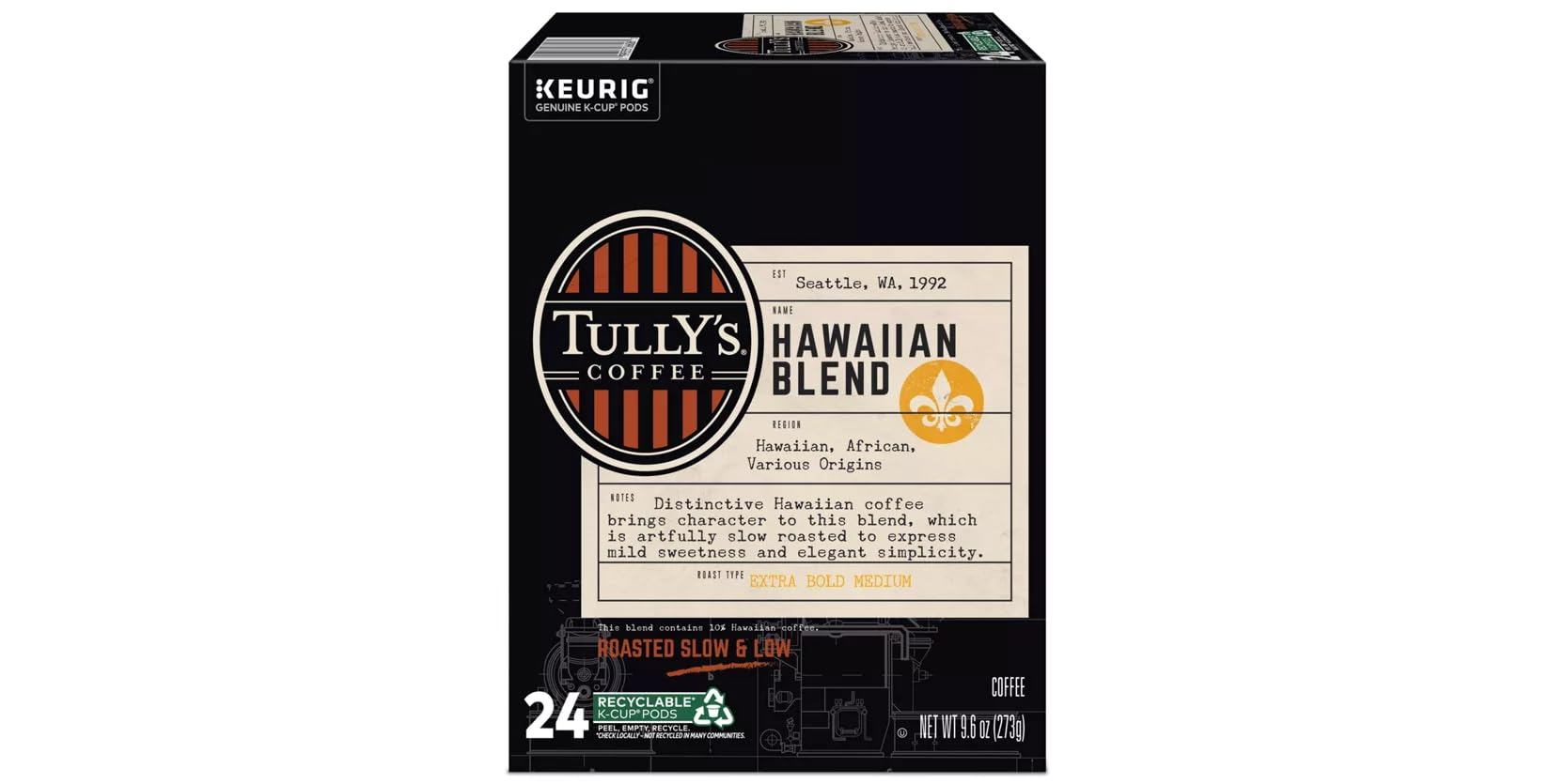 Tully's Coffee Hawaiian Blend 24 K-Cups (pack of 3)