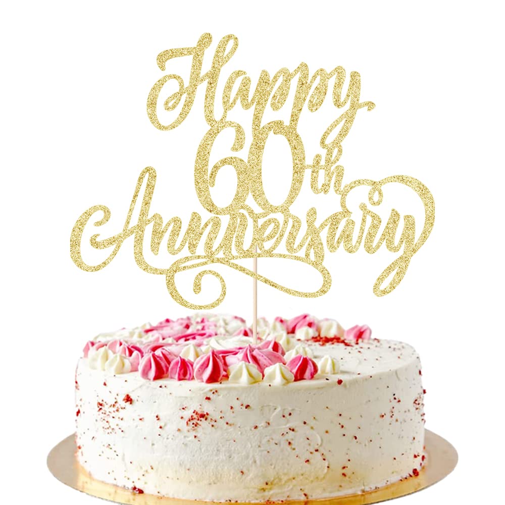 AROKIPPRY golden Glitter Happy 60th Anniversary Cake Topper - for Wedding Anniversary/Company Anniversary Party / 60th Birthday Party Decorations