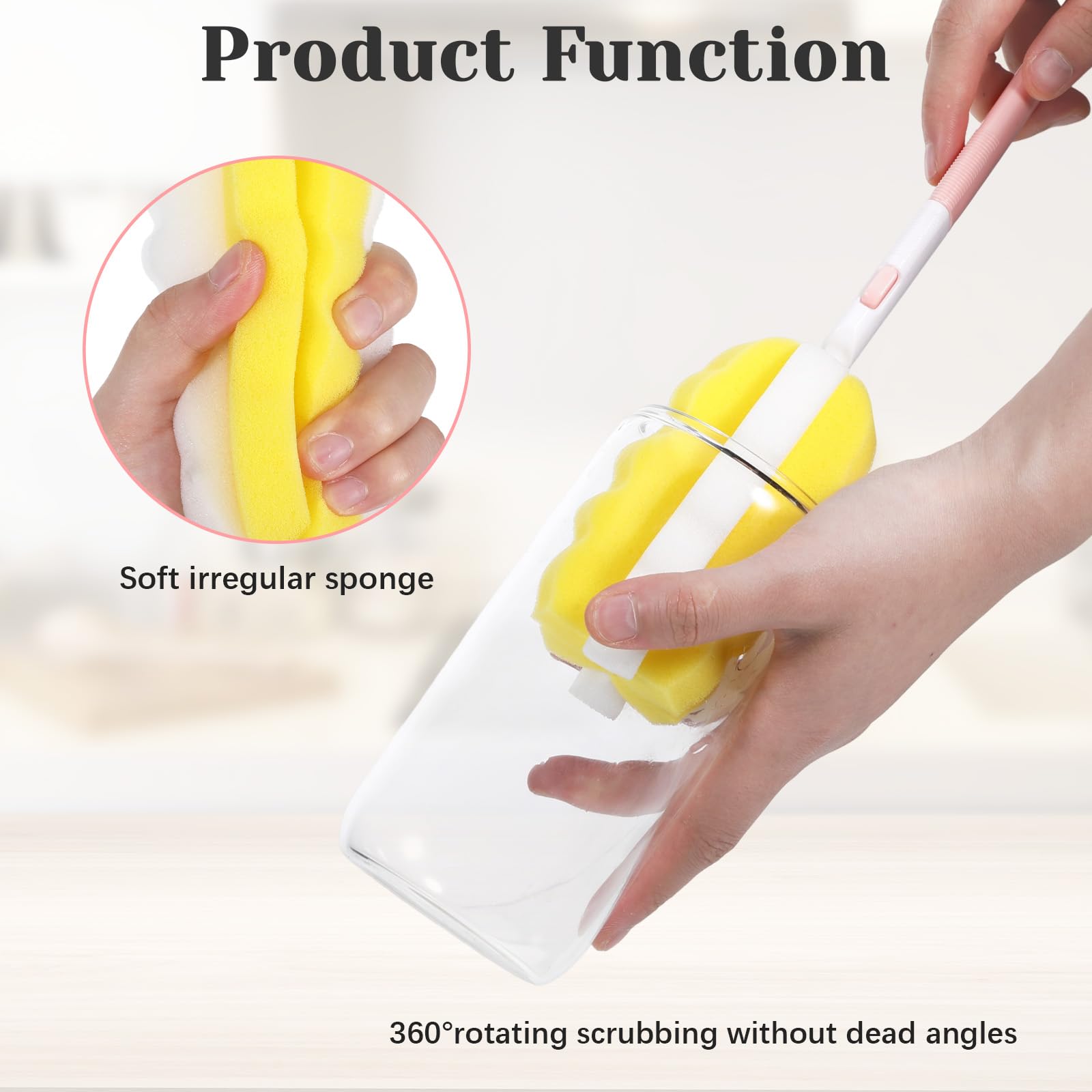 4 Pcs Bottle Sponge with Handle, Bottle Brush Cleaner, Replaceable Detachable Long Handle Portable Sponge Cleaning Cup Brush Set, Used for Kitchen