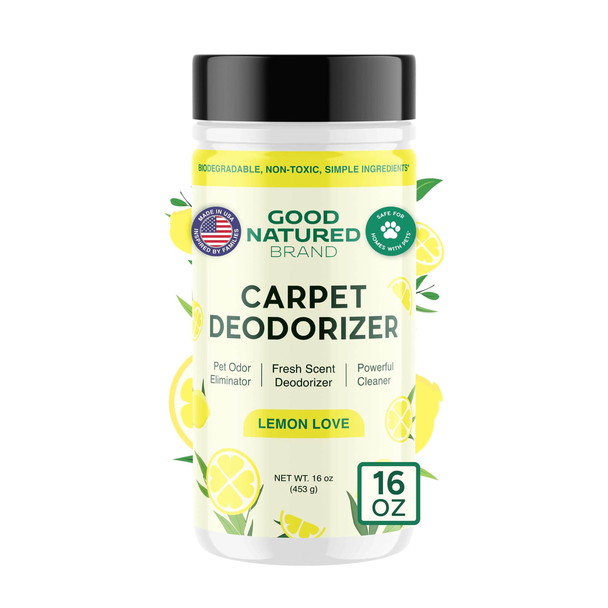 Good Natured Brand | Carpet Freshener & Deodorizer Powder | 16 oz Pet Odor Eliminator for Strong Odor & Pet Urine | Fresh Natural Lemon Scent | Safe