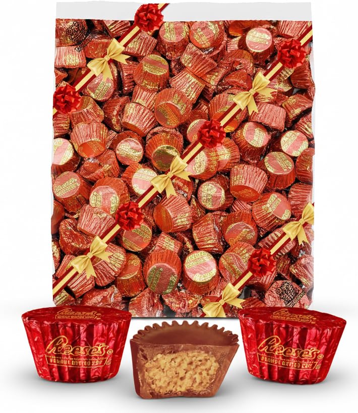 Reesse's Miniature Cups Valentine Day Milk Chocolate & Peanut Butter 2 Lb - Valentine Foils, Bulk Value Pack 2 Pounds Gift bag