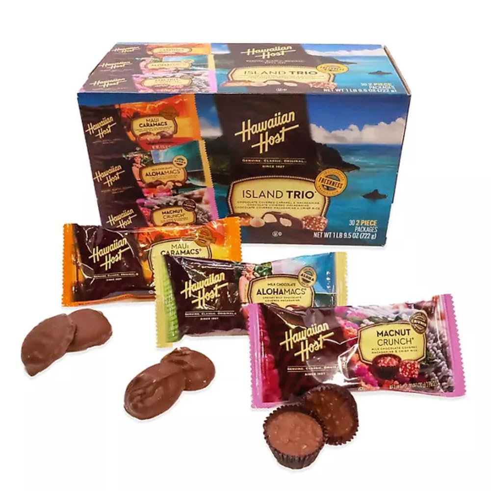 Hawaiian Host Island Trio - Maui Caramacs, AlohaMacs Milk, and MacNut Crunch - Chocolate Covered Macadamia Nut Gift Box - Premium Hawaiian Treats (30
