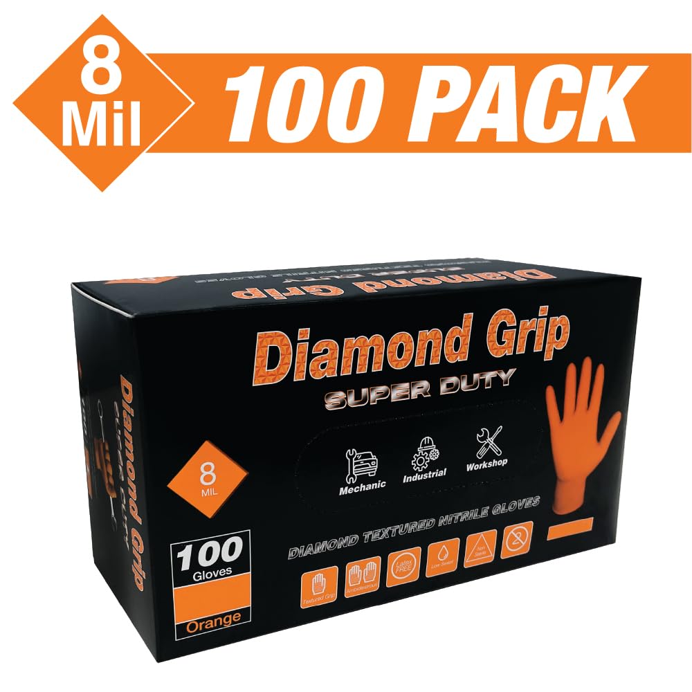 LAUCO Heavy Duty 8-Mil Industrial Orange Nitrile Gloves with Raised Diamond Texture, Large, Latex Free, Powder Free, Pack of 100 (1 Box) 87285
