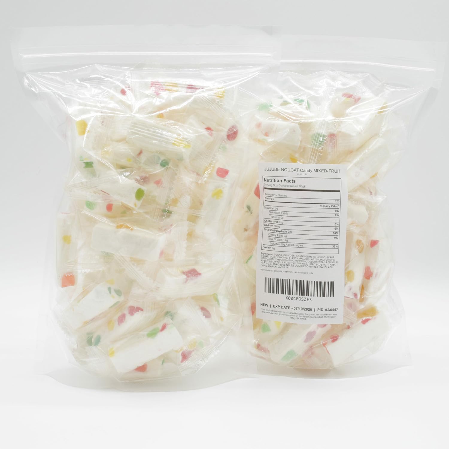 JUJUBE NOUGAT Candy 1 lb - with Jelly Fruit Pieces, Anti Melt Pack, Individually Wrapped, Gluten Free, Bulk Soft Candies in Resealable Bag