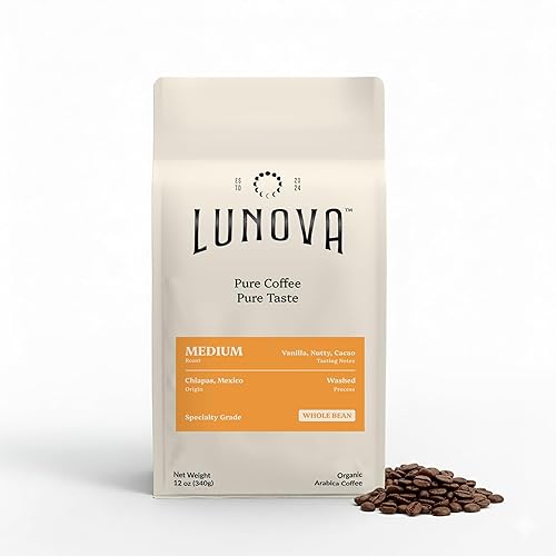 Lunova Organic Mold-Free Coffee Whole Bean | Single-Origin from Chiapas, Mexico | Specialty-Grade, Third Party Tested (12 Ounces, Medium Roast)