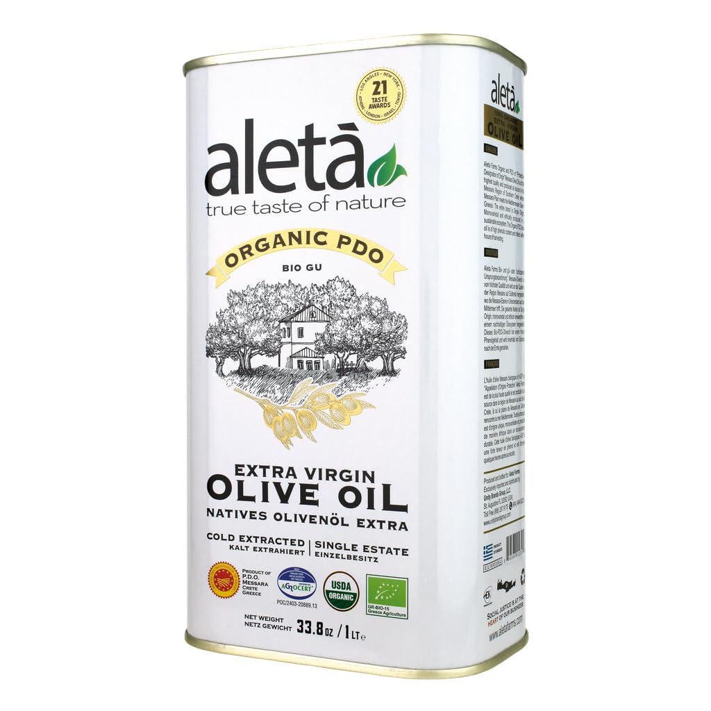 Aleta Farms, Organic Olive Oil Extra Virgin, USDA Organic, Single Estate PDO High in Phenols, Cold Pressed EVOO, Kosher. 33.8 Fl Oz (Pack of 1)