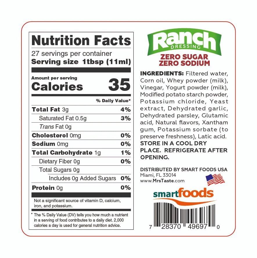Mrs Taste Sugar Free Sauce, Zero Calories, Zero Sodium, Zero Sugar, High Fiber, Keto Friendly, Paleo Friendly, Condiments and Sauces (Ranch)